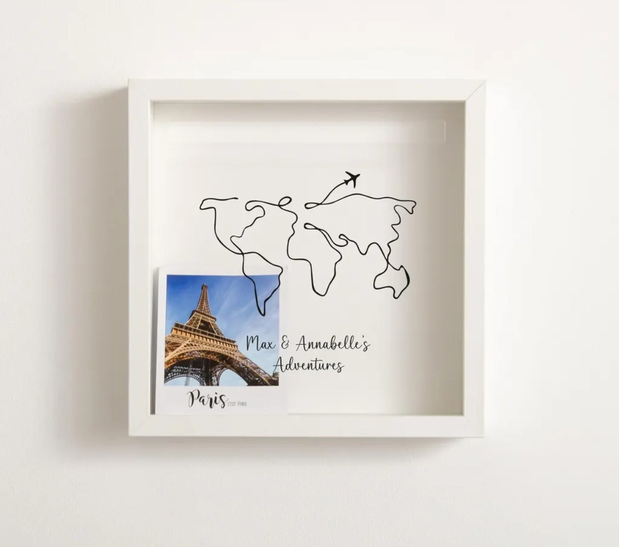 White shadow box frame for travel keepsakes — personalized “My Adventures” world map display by HP Design.