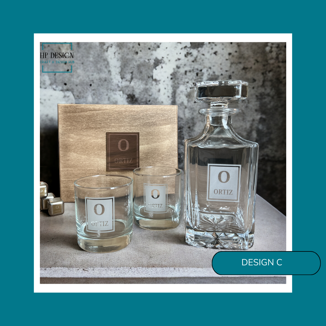 Custom Engraved Whiskey Decanter & Two Custom Engraved Whiskey Glasses