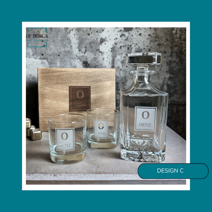 Custom Engraved Liquor Ensemble: Personalized Wooden Box, Bottle, and Whiskey Glasses Set