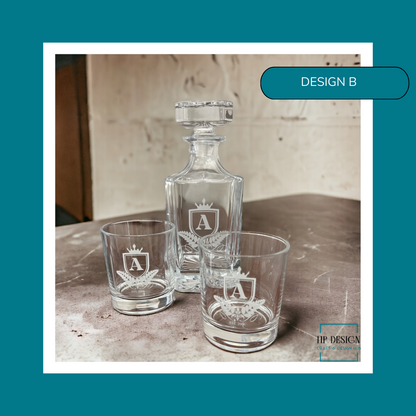Custom Engraved Whiskey Decanter & Two Custom Engraved Whiskey Glasses
