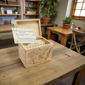 Wooden box with engraved text on a wooden table in a cozy room with books and plants.