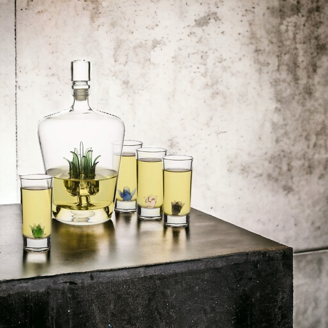 Customizable Handblown Agave Tequila  Decanter & 6 Shot Glasses, Perfect for Cinco De Mayo & Tequila Lovers