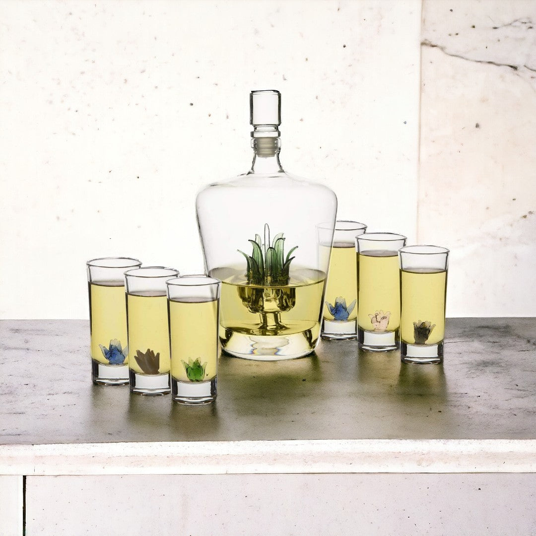 Customizable Handblown Agave Tequila  Decanter & 6 Shot Glasses, Perfect for Cinco De Mayo & Tequila Lovers
