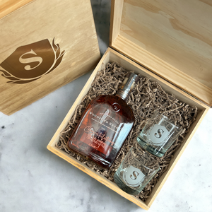 Custom Engraved Liquor Ensemble: Personalized Wooden Box, Bottle, and Whiskey Glasses Set