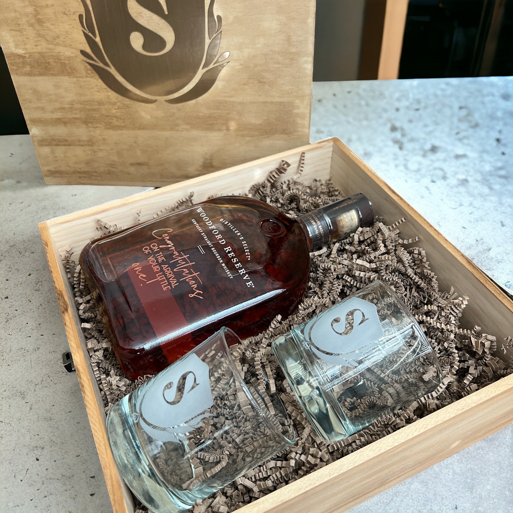 Custom Engraved Liquor Ensemble: Personalized Wooden Box, Bottle, and Whiskey Glasses Set