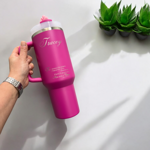 Custom engraved powder-coated tumbler brought in by customer, laser etched with name and design by HP Design in McKinney, Texas – personalized tumbler engraving service for gifts, branding, and realtors.