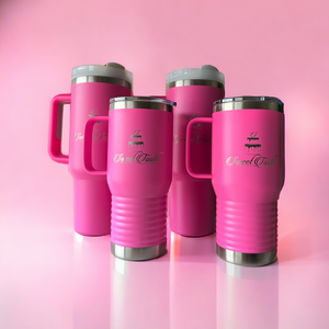 Custom engraved powder-coated tumbler brought in by customer, laser etched with name and design by HP Design in McKinney, Texas – personalized tumbler engraving service for gifts, branding, and realtors.