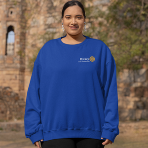 Person wearing a blue sweatshirt with a Rotary logo in front of stone ruins.