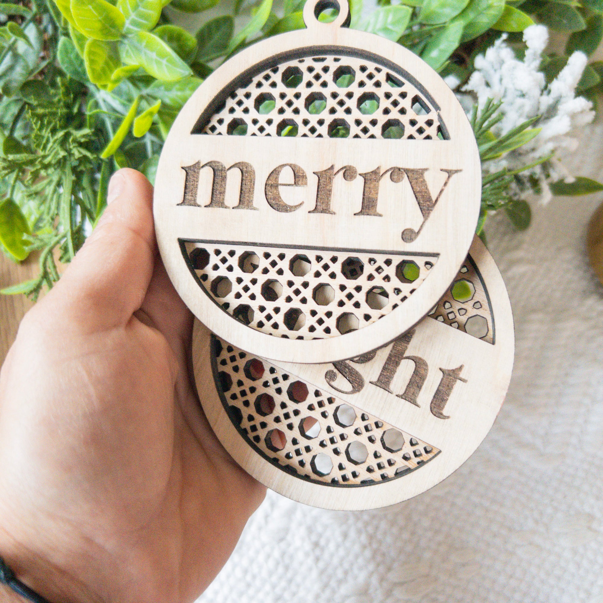 Rattan Ornaments "Merry & Bright" SET